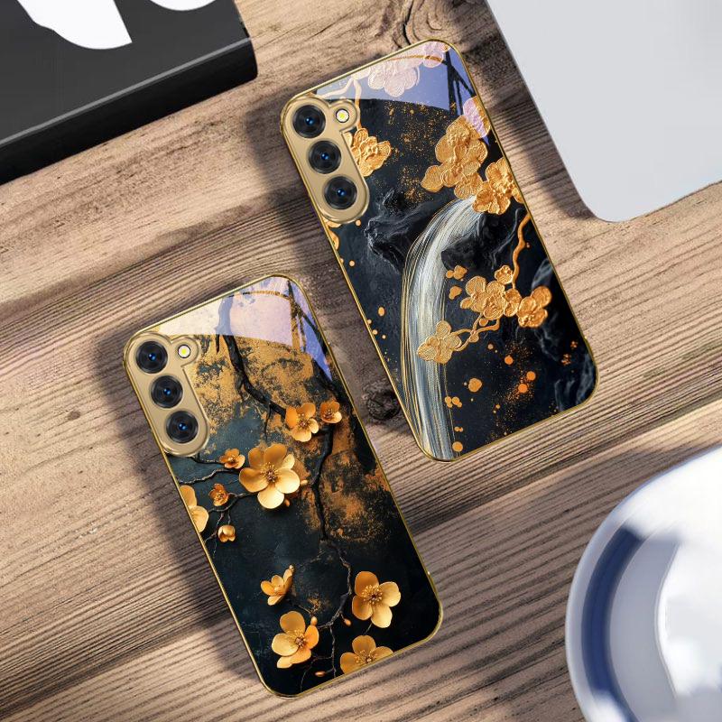 Golden Flower Branch For Samsung Galaxy S20 FE S21 S22 S23 Plus S24 Ultra 25Ultra S21+ S9+ S22Plus Golden Glass Phone Case