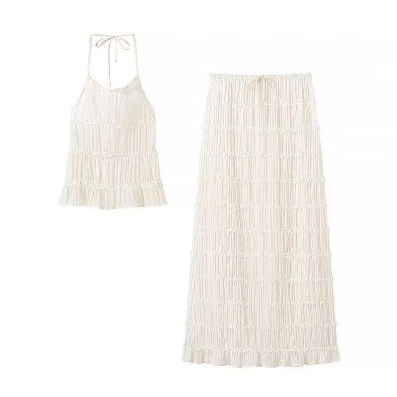 Roman Island Holiday French style Lazy Gyaru Pleat Sexy Backless Hanging Neck Sling Long Skirt Two-piece Set