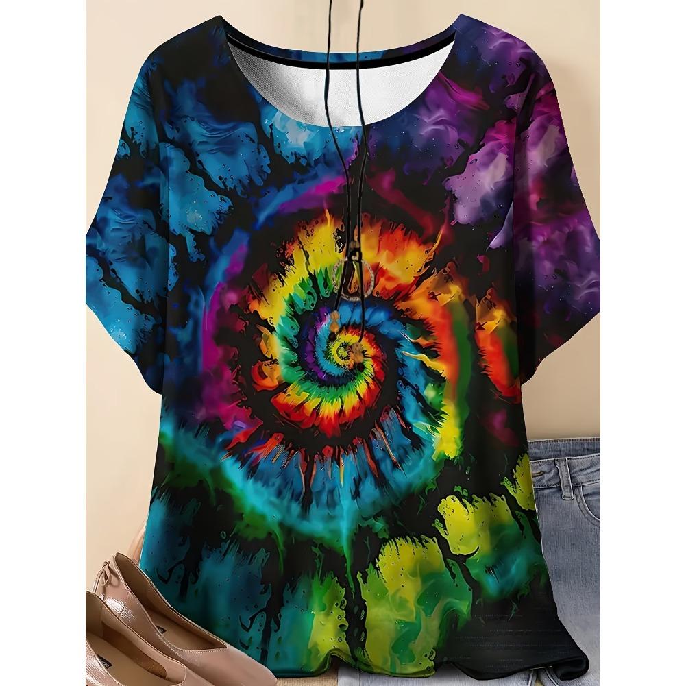 Plus Size Casual Crew Neck Short Sleeve Stripe Print T-Shirt - Soft Stretch Polyester Fabric Spring and Summer Womens Relaxed Fit Clothing