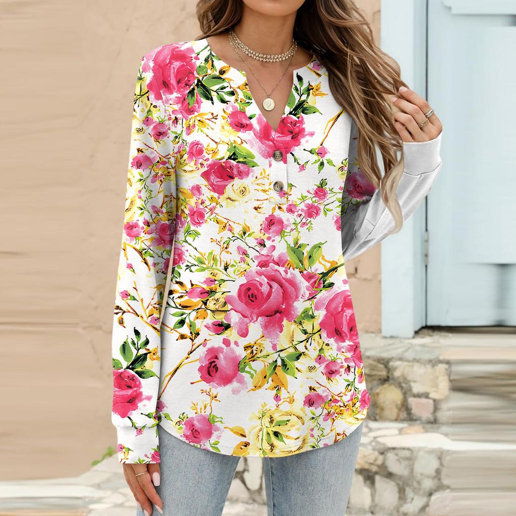 Women's Fashion Casual Floral Print Long Sleeve T-Shirt Pullover Top