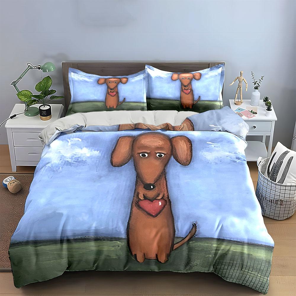 Cartoon Dachshund Holding Heart. Bedding Sets Duvet Cover Sets Duvet Covers Pillowcases(1 * Duvet Cover 2 * Pillowcases Without Duvet Insert)