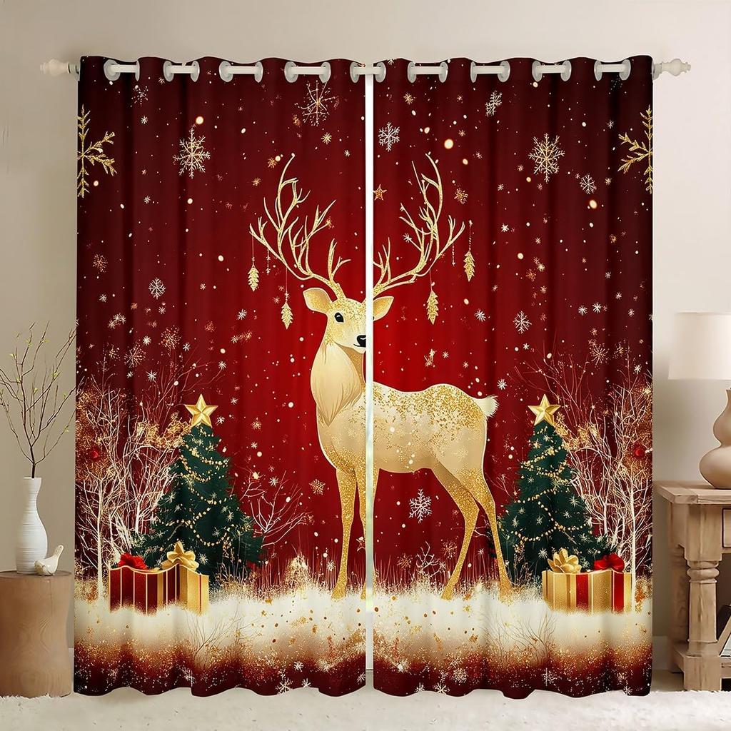 Christmas Elk Curtains Theme Curtain Boys Girls New Year Bedroom Dorm Decor Winter Window Blackout Polyester Ideal For