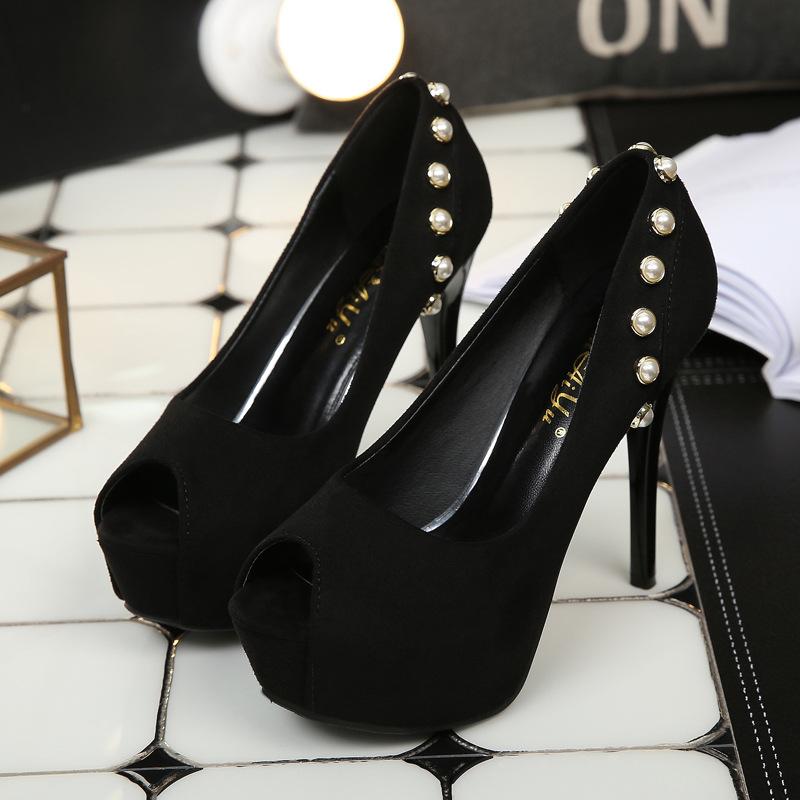 Black Suede Peep Toe High Heel Pumps Platform Shoes with Pearl Decoration Elegant Party Dress Shoes Size 34-40 Zapatos De Mujer
