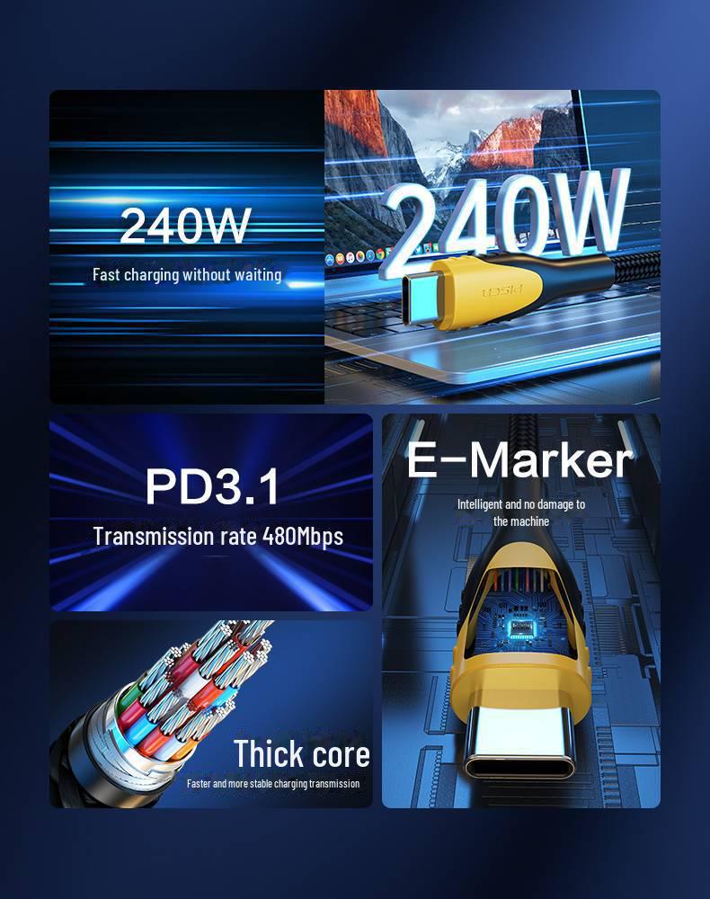 PISEN Dual USB-C 240W Cable for MacBook Pro, PD3.1, Mobile Phones & Tablets