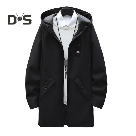 

Мужской плащ с капюшоном, длинными рукавами, завязками на шнурке, средней длины, с карманами, однотонная ветровка на молнии L чёрный