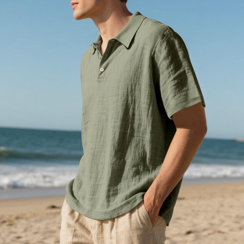 Mens Short Sleeve Linen Loose Casual Collar Polo T Shirt