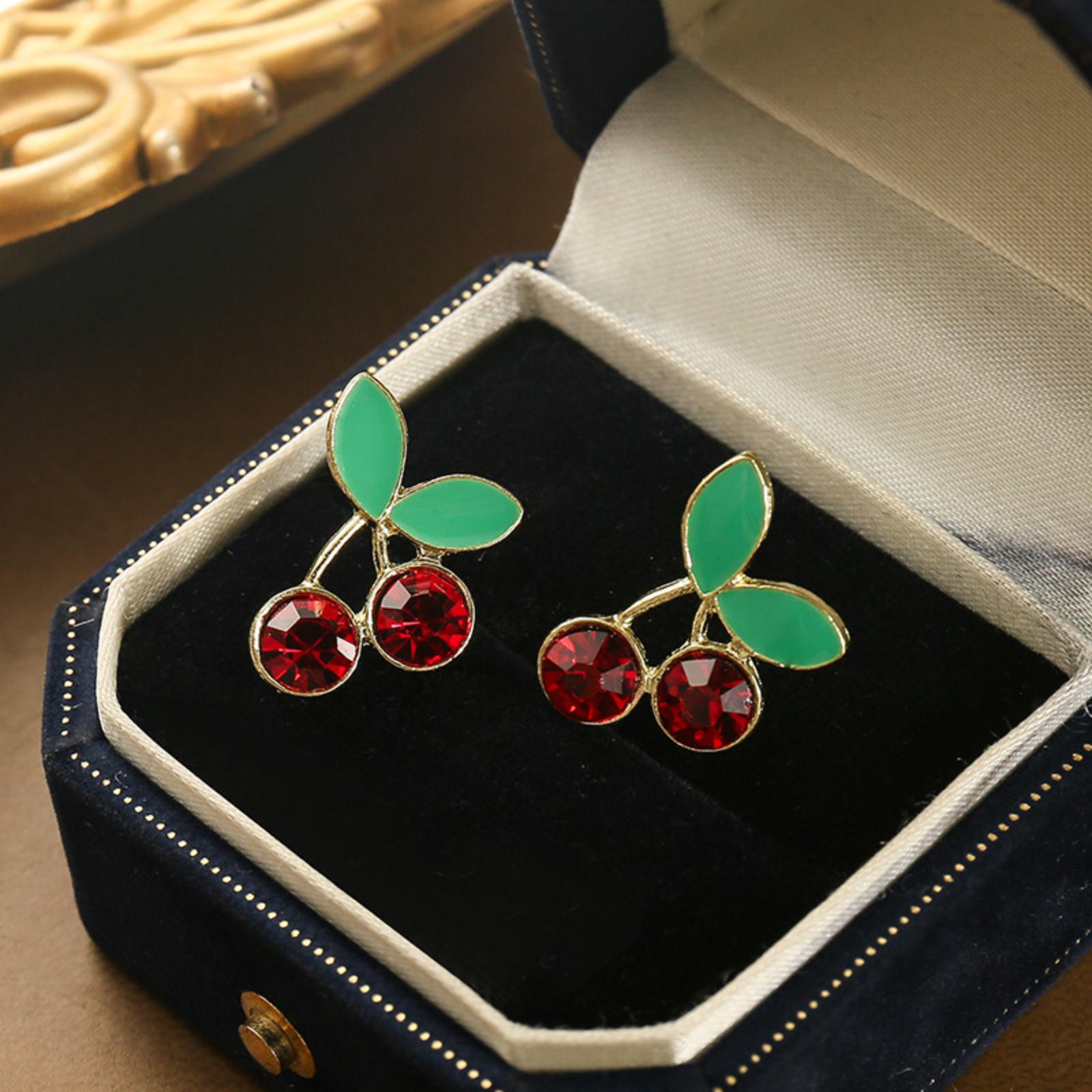 

Cherry Shaped Stud Earrings with Crystal Accents and Leaf Design in Metal Frame for Women Fashion Jewelry Accessories