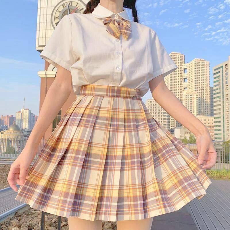 JK Skirts Women Summer High Waist Skirts Korean Style Pleated Skirts for Girls Cute Sweet Ladies Plaid Mini Skirt Shirt Bow Tie Women Set