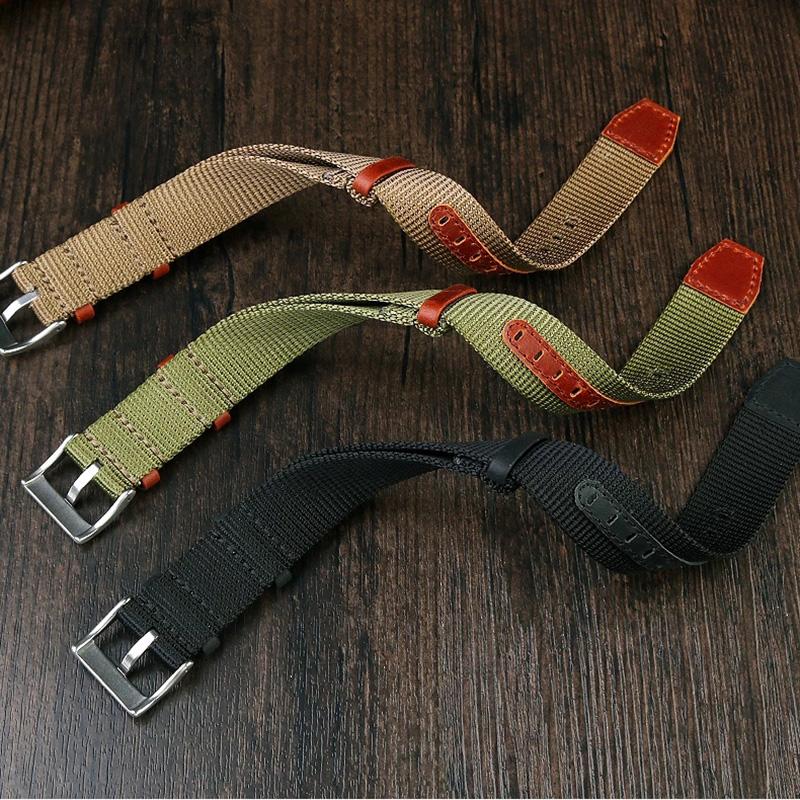 20mm 22mm Woven Nylon +Genuine Leather Strap for Hamilton Khaki Green Field Watch H69439931 441 Men Outdoor Sport Watchband