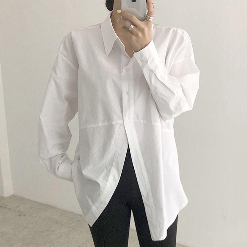 Korean chic autumn niche simple lapel irregular single-breasted loose solid color bubble sleeve shirt top women