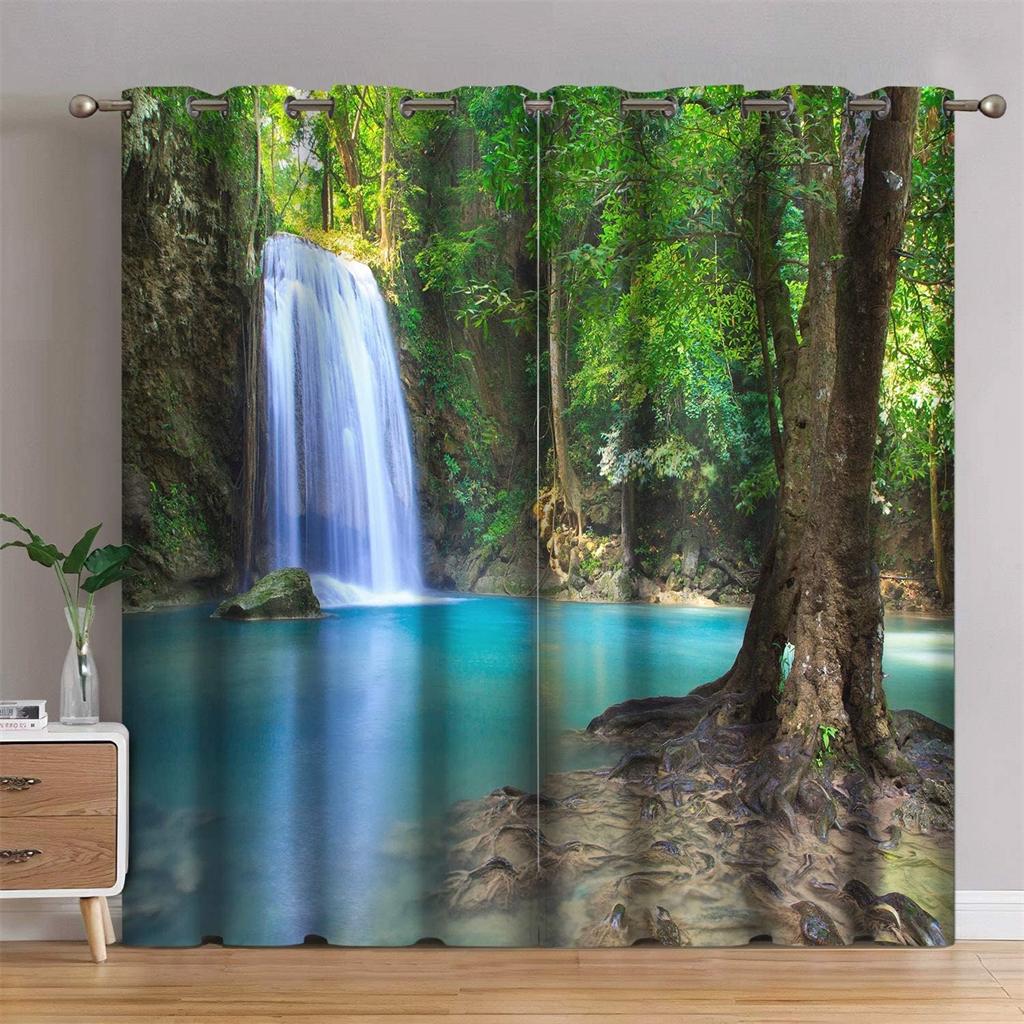 Red Maple Leaf Fall Lake Ocean Trees 3D Curtains 2 Panels Office Living Room Kitchen Bedroom Balcony Window Decor Curtains