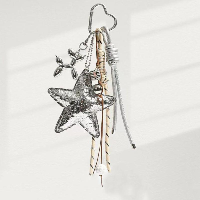 Fashion Starfish Keychain with Cute Balloon Dog Leather Charm Maximalist Braided Rope Bag Ornaments Women's Accessory