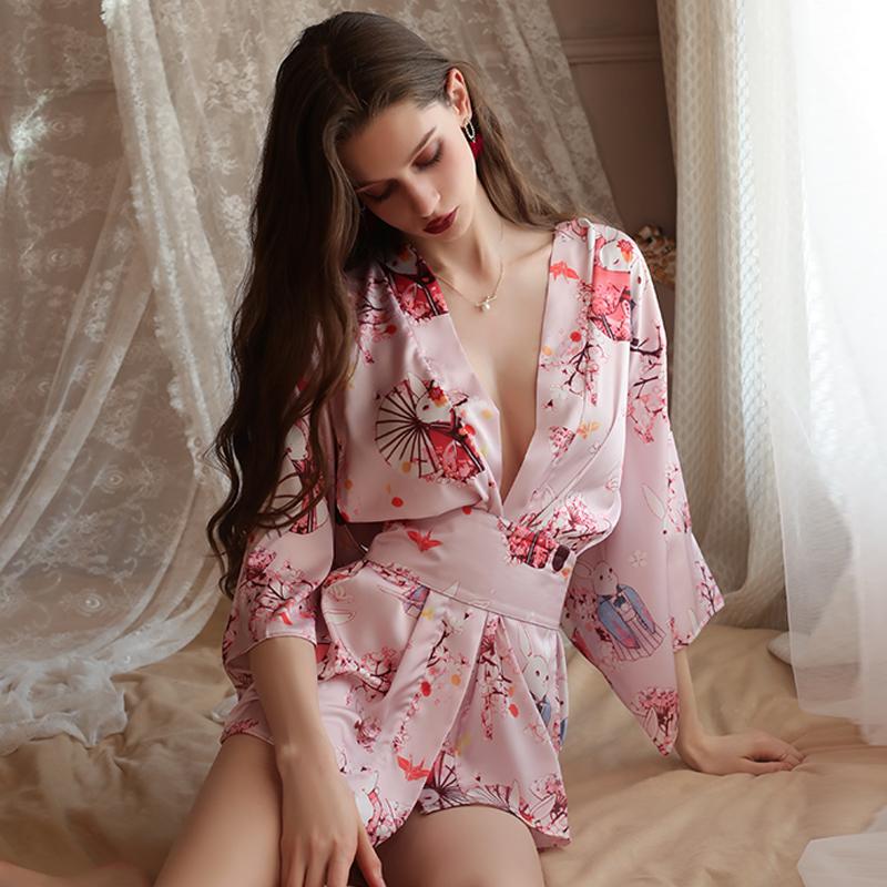 Women's Nightgown Japanese Style Sexy Low-cut Cardigan Pajamas Flower Print Kimono Bathrobe Women's Satin Robe