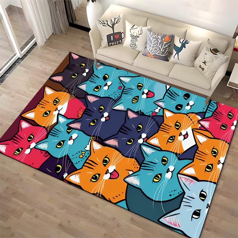 Colorful Cat Faces Pattern Carpet1Cute Illustrated Feline Design1Vibrant Artwork Suitable for use as an anti-slip1 for1room and bedroom sofas