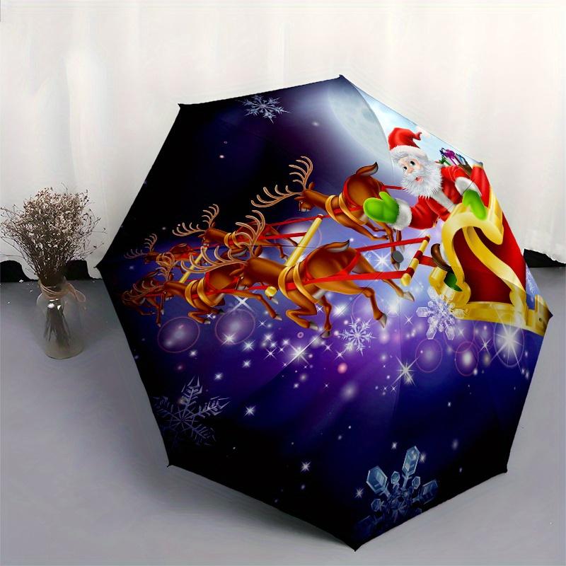 Santa Claus Christmas Sleigh Reindeer Decorative StickerUmbrella, Portable 3-Fold Compact Umbrella,Christmas Gift ES413