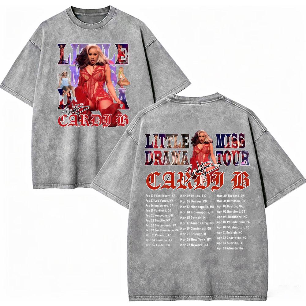Vintage Washed Rapper Cardi B Graphic T Shirts Little Miss Drama Tour 2026 Tshirts Men Women Clothing Hip Hop Fashion Tshirt