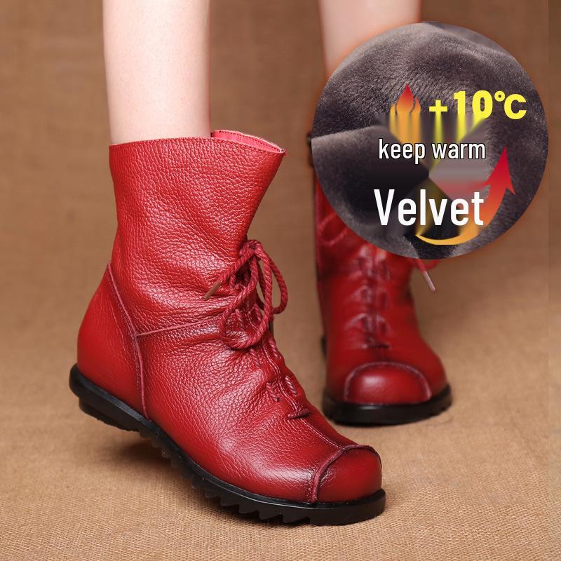 Original Genuine Leather Low Heel Ankle Boots - Retro Style for Autumn/Winter Women's Fashion