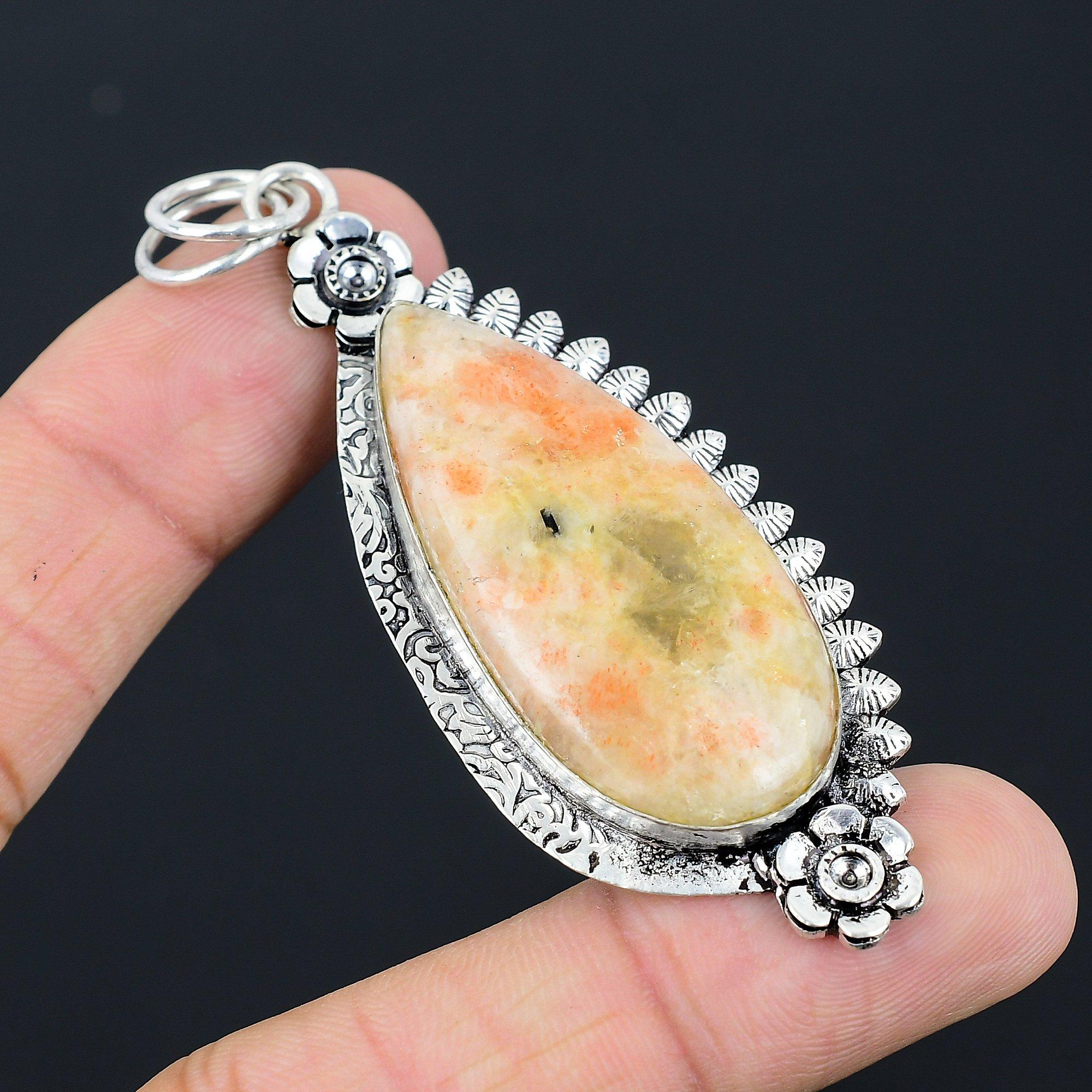Daughters Day Deal Pear Natural Sunstone Sterling Silver Flower Pendant Jewelry