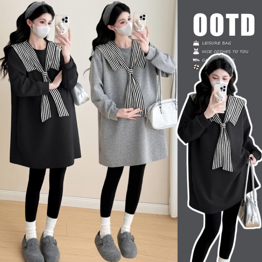 2026 Spring Maternity Striped Collar Sweatshirt – Casual Loose-Fit Korean Style for Belly Coverage. Large