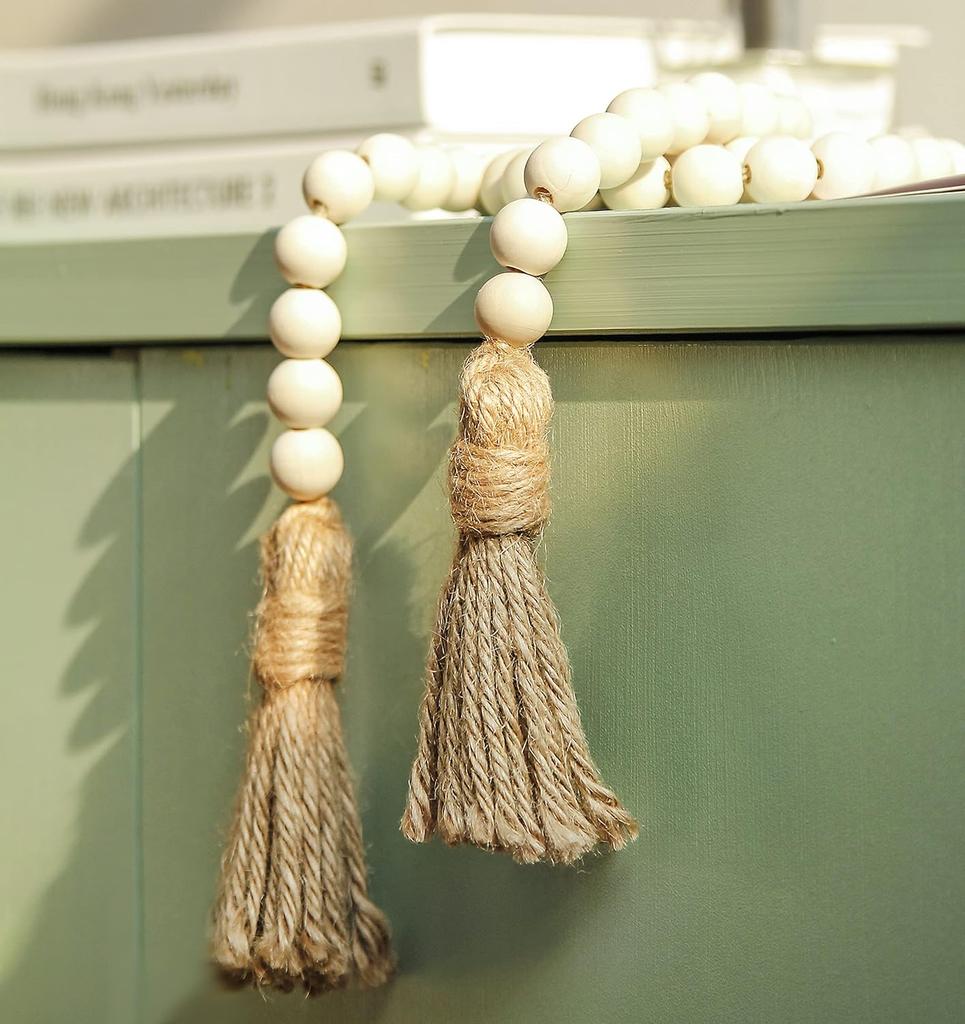 39-inch Wooden Bead Garland with Tassels, Containing 54 Beads, a Versatile Bohemian Prayer Bead for Elegant Wall Decoration (Beige)