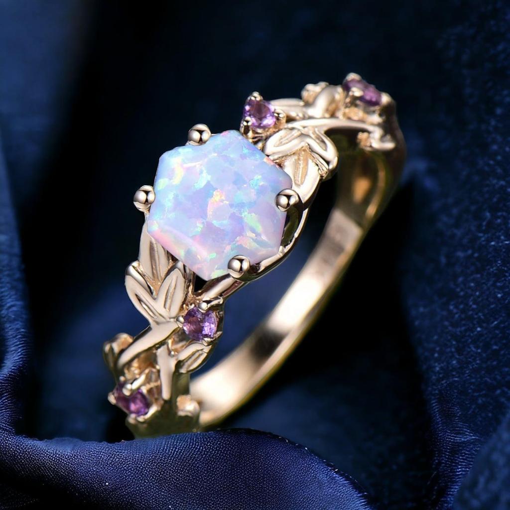 Twig Opal Ring Vintage Hexagon Cut White Opal Engagement Ring White Gold Leaf Amethyst Ring Women October Birthstone Ring Anniversary Gifts