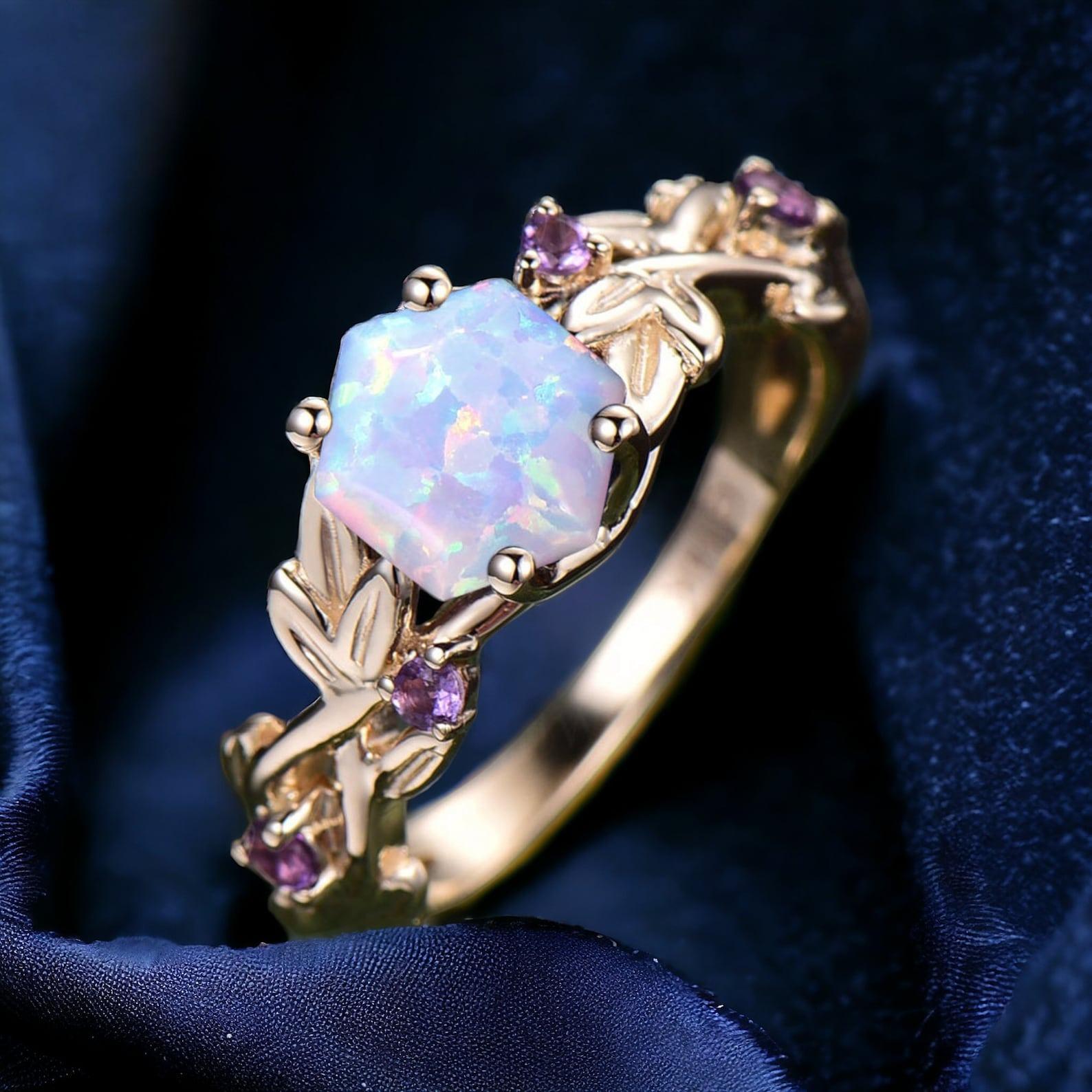 

Кольцо с опалом Twig Винтажное кольцо с белым опалом огранки «гексагон» Помолвочное кольцо из белого золота с листьями и аметистом Женское кольцо с камнем октября Кольца на годовщину Q серебряный