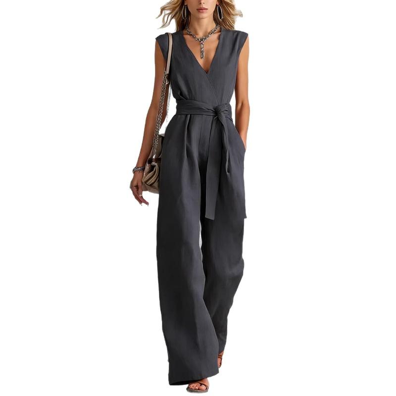 Spring and Summer European Style Women Clothing V-Neck Sleeveless Jumpsuit