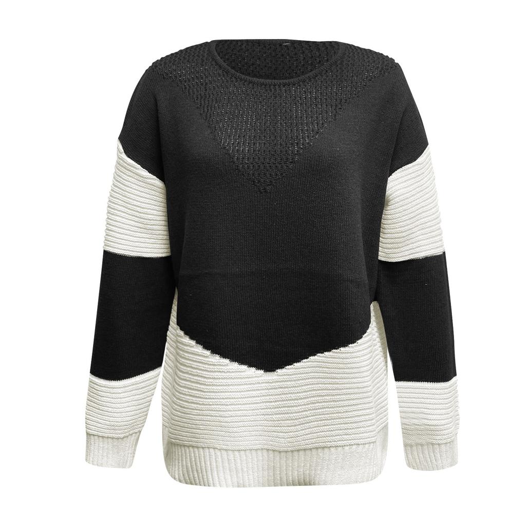 Women's Fashion Casual Knitted Top Round Neck Clashing Colour Bottom Shirt Pullover Sweater