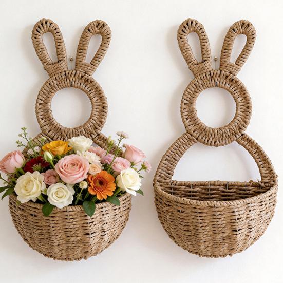 Small Plant Display Basket Easter Bunny Woven Basket, Handmade Rabbit Rustic Wall Hanging Entryway Sundries Storage for Dried or Faux Flowers Plants,