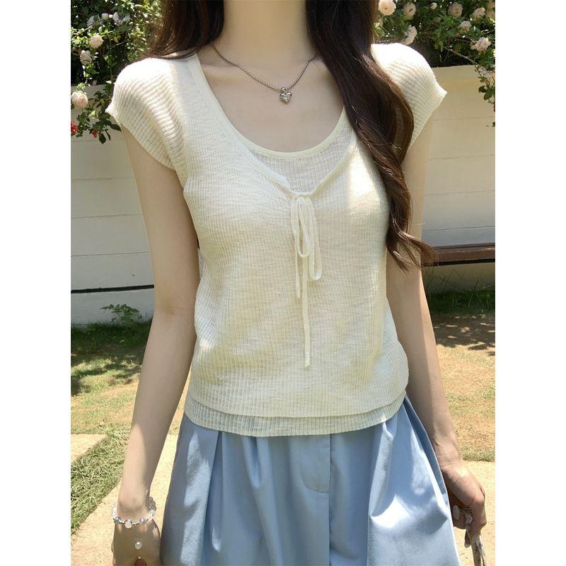 Kumikumi Sweet Style Contrast Color Patchwork Short sleeve knit Women Summer Age-Reducing Chic Lace-up Fake Two Pieces Top