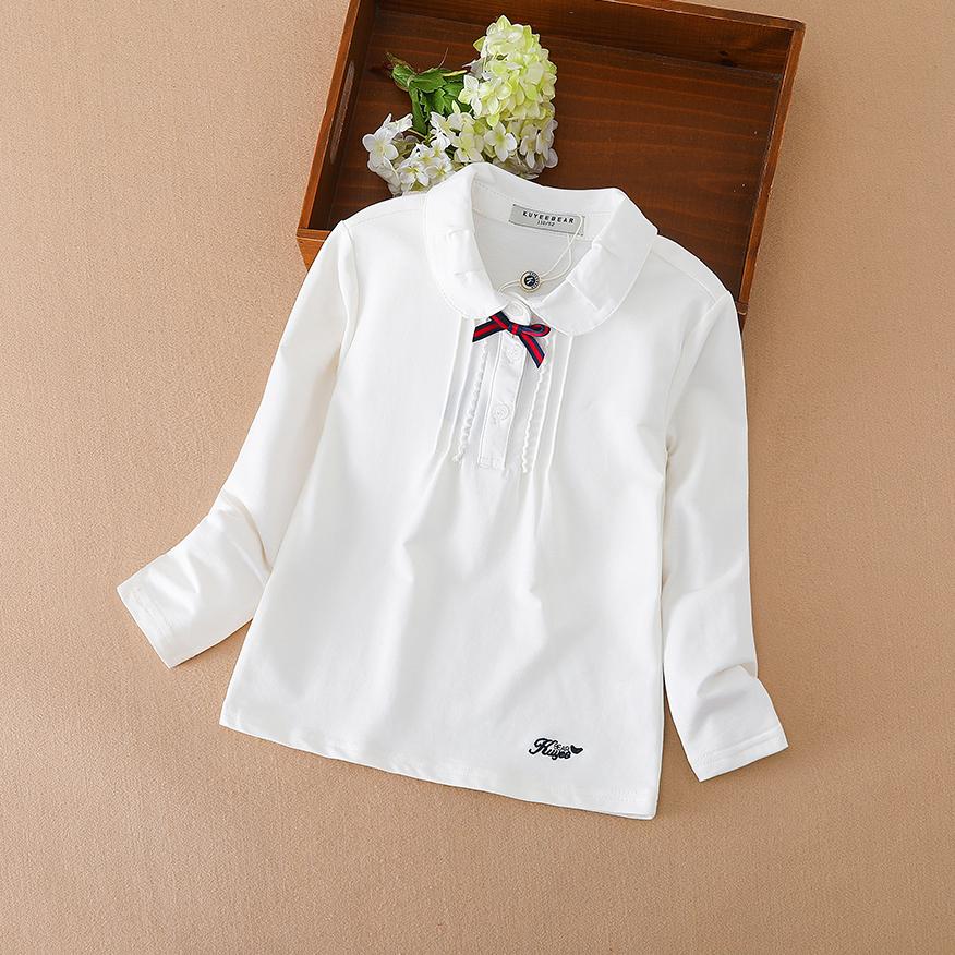 

Футболка с длинными рукавами и рюшами для маленьких девочек, весенне-осенняя рубашка-поло с отложным воротником и галстуком-бабочкой, детская хлопковая одежда в консервативном стиле