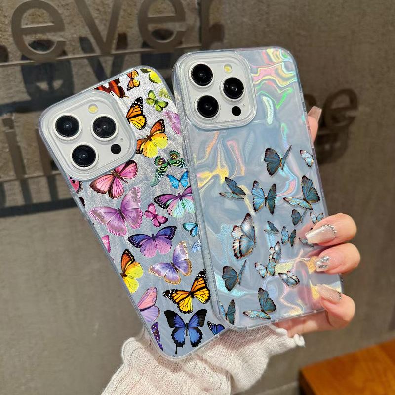 Butterfly Print Soft Edge Slim Clear Phone Case For iPhone 16 Pro 15 Pro Max 14 13 12 11 Glitter Feather Shockproof Sparkling Hard PC Back Cover