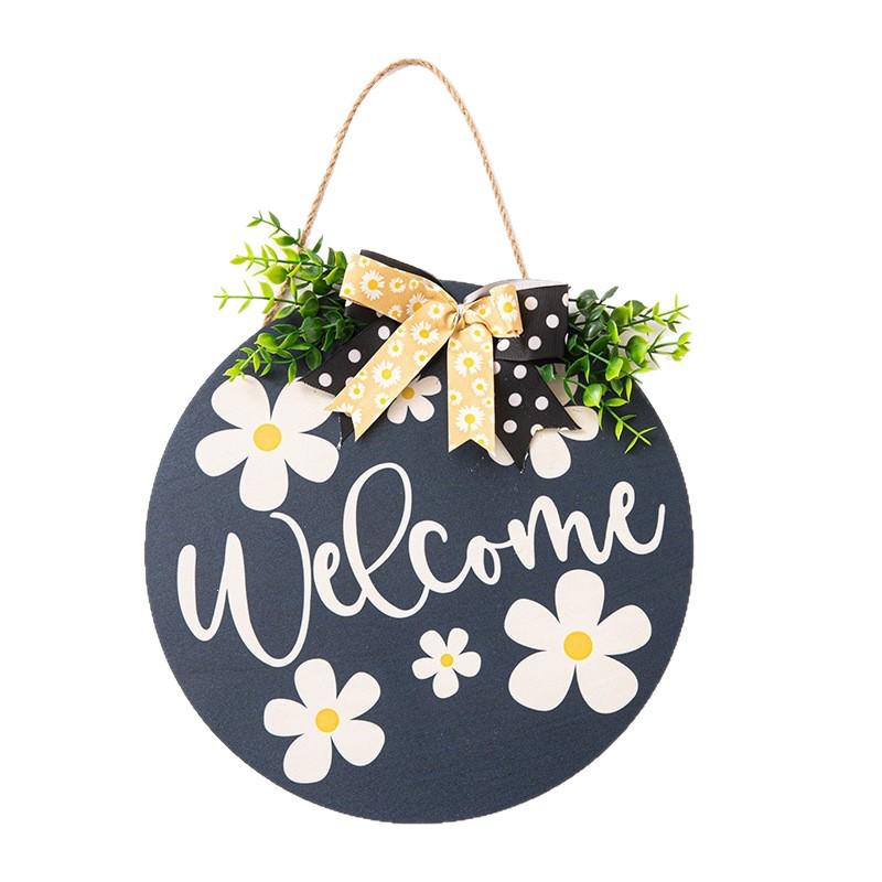 Little Daisy Welcome Wooden Door Sign with Greenery & Polka Dot Bow