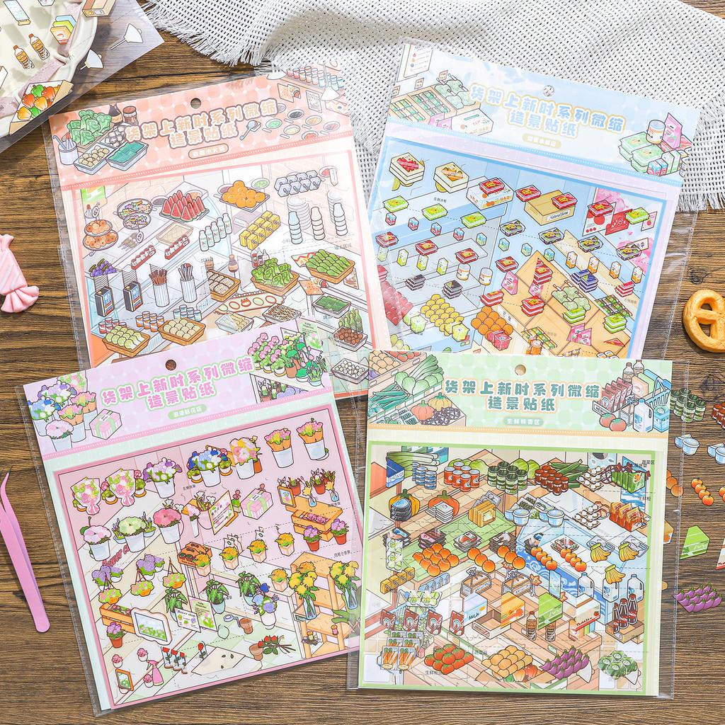 JIAMEI Kawaii 3D Cartoon Miniature Scene Fun Simulation Store Management Style Stickers DIY Scrapbook Materials Scene Stickers