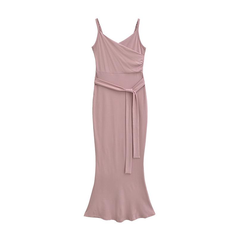 

European Style Sexy V-Neck Pleated Mermaid Dress with Lace-Up Waist and Figure-Flattering Spaghetti Straps. Medium