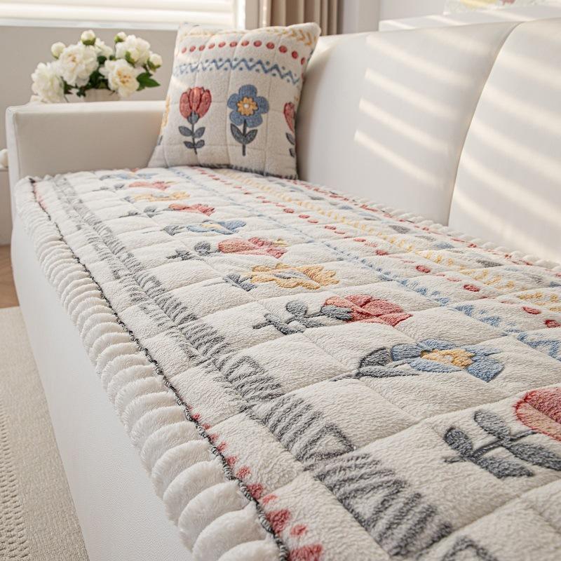 Plush Sofa Cushion Slipcover, Thickened Winter Sofa Cover, Non-Slip Furniture Protector for Couch, Loveseat, Chair