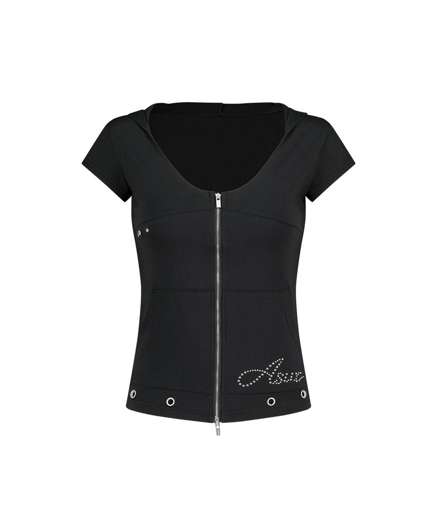 Aejeuyua Incision Broad Hooded Zip-Up Black