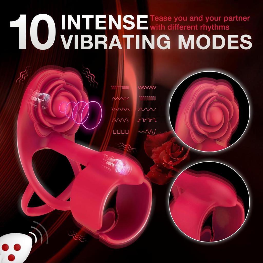 Vibrating Penis Ring Couples Sex Toys, Soft Silicone Penis Ring with Rose Clitoral Vibrator Couples Sex Toys, 10 Vibrating Adult Rose Sex Toys