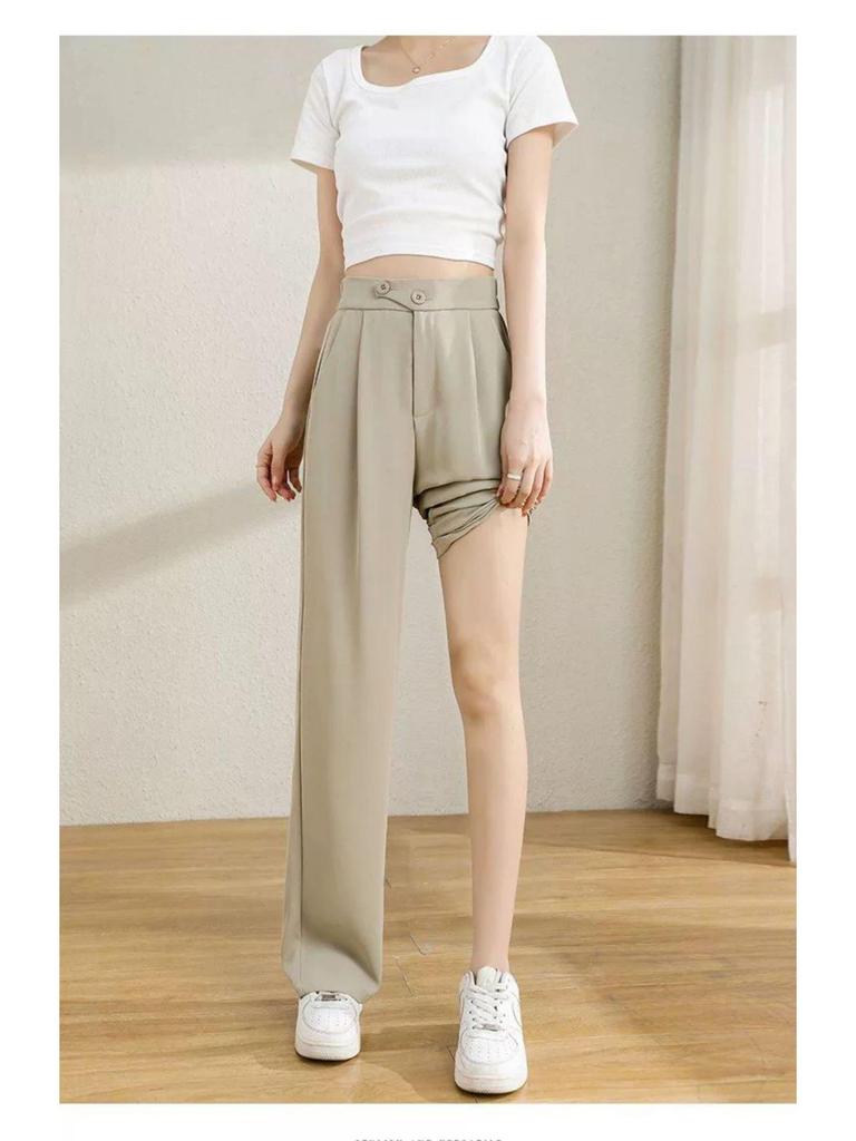 Women's Spring/Summer High Waist Apricot Wide Leg Draping Pants - Loose, Floor-Length, Petite Fit