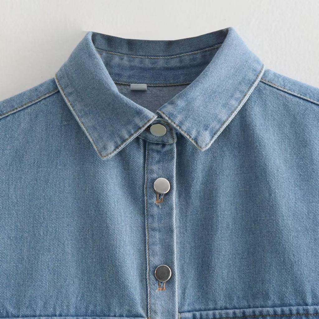 Damski jednolity kolor, duża kieszeń, bezrękawnik, wysokiej jakości kardigan z klapami, dżinsowa bluzka