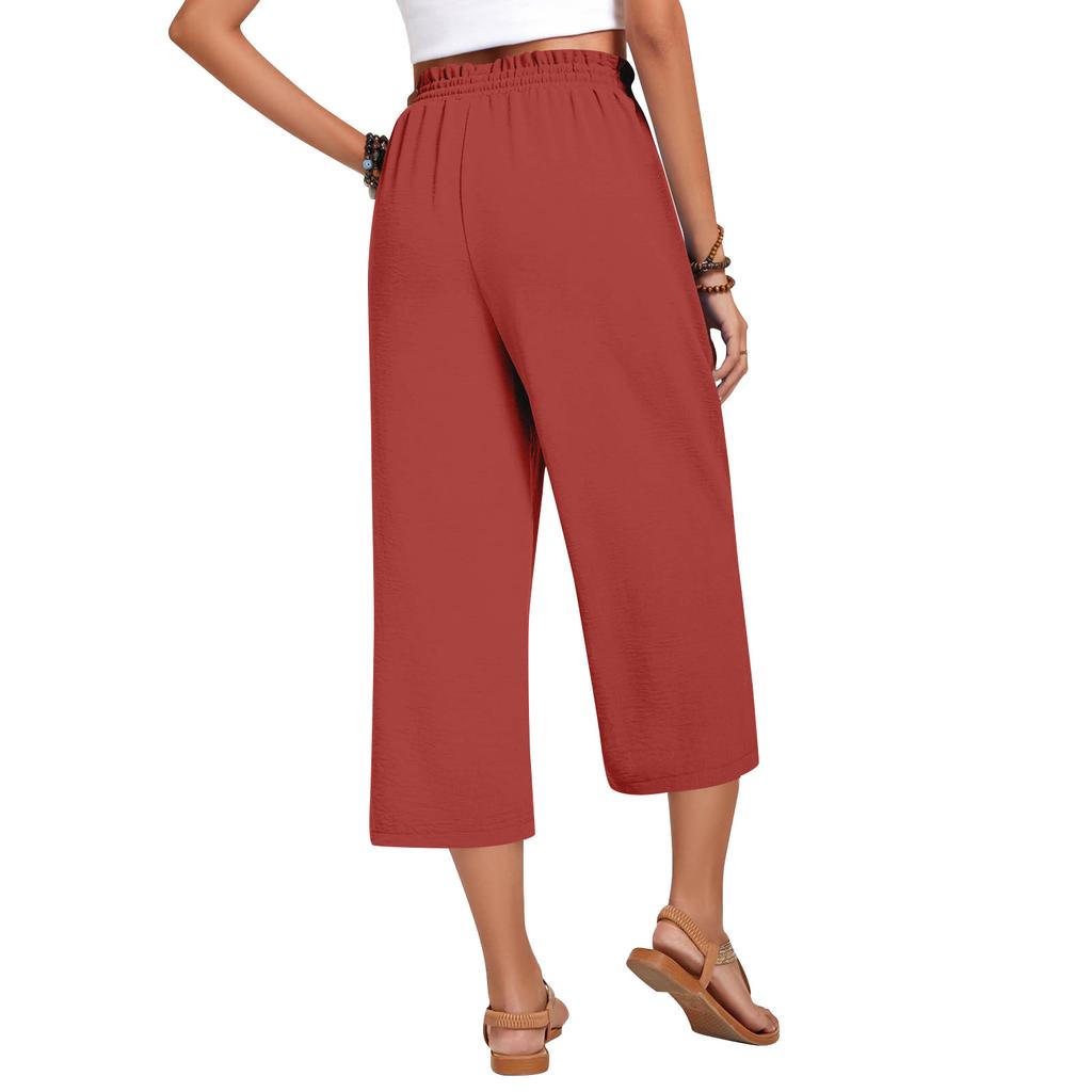 Women's High Waist Wide Leg Pants with Drawstring Elastic Waist in Multiple Colors