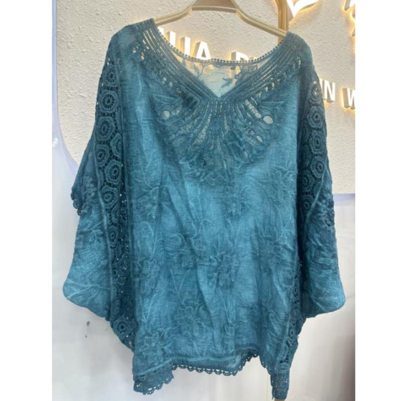 Top da Donna Stile Vacanza Cotone Stile Straniero Lavorazione a Maglia Intrecciata Ricamo in Pizzo Scollo a V Ampio e Morbido Camicetta Parasole