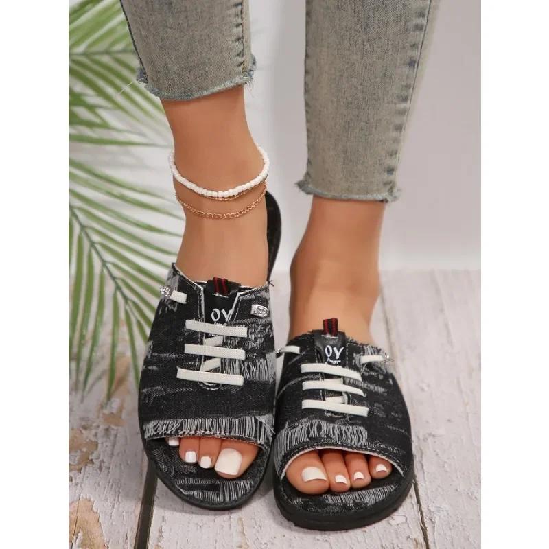 

Женские тапочки, модные джинсовые пляжные туфли на плоской подошве со шнуровкой, пляжная обувь с открытым носком, повседневный дизайн, удобные женские zapatillas, большие размеры 36–43 36 чёрный