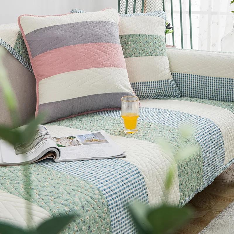 Grid Quilted Fabric Sofa Cover Slip Resistant Slipcover Printing Seat Cushion Sofa Towel Dust Cover Towel Couch For Living Room