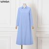 VONDA Women Elegant Lapel Neck Long Sleeve Baggy Pleated Casual Long Shirts Dress