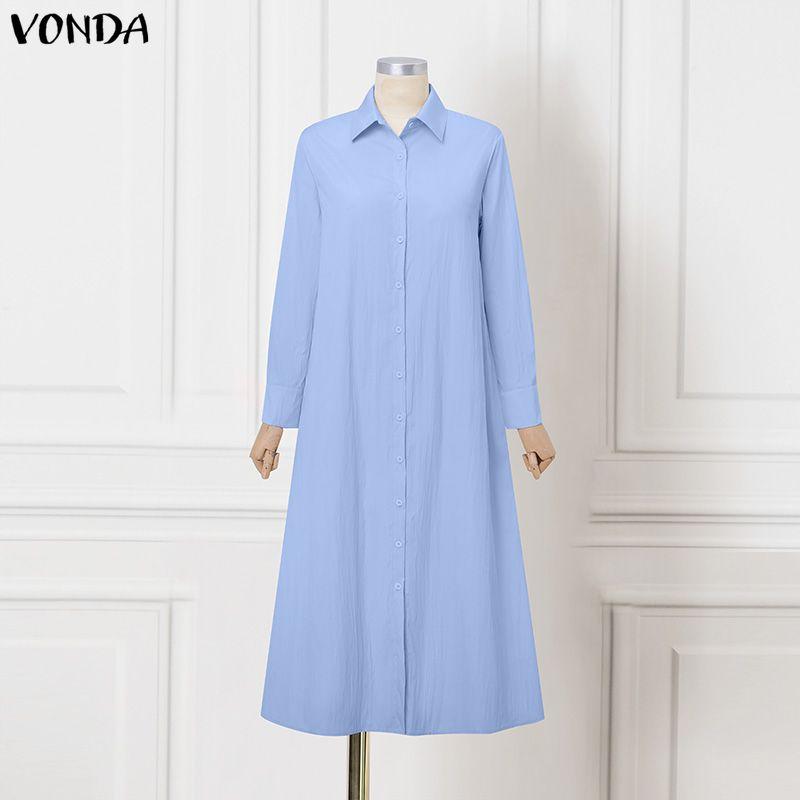 VONDA Women Elegant Lapel Neck Long Sleeve Baggy Pleated Casual Long Shirts Dress