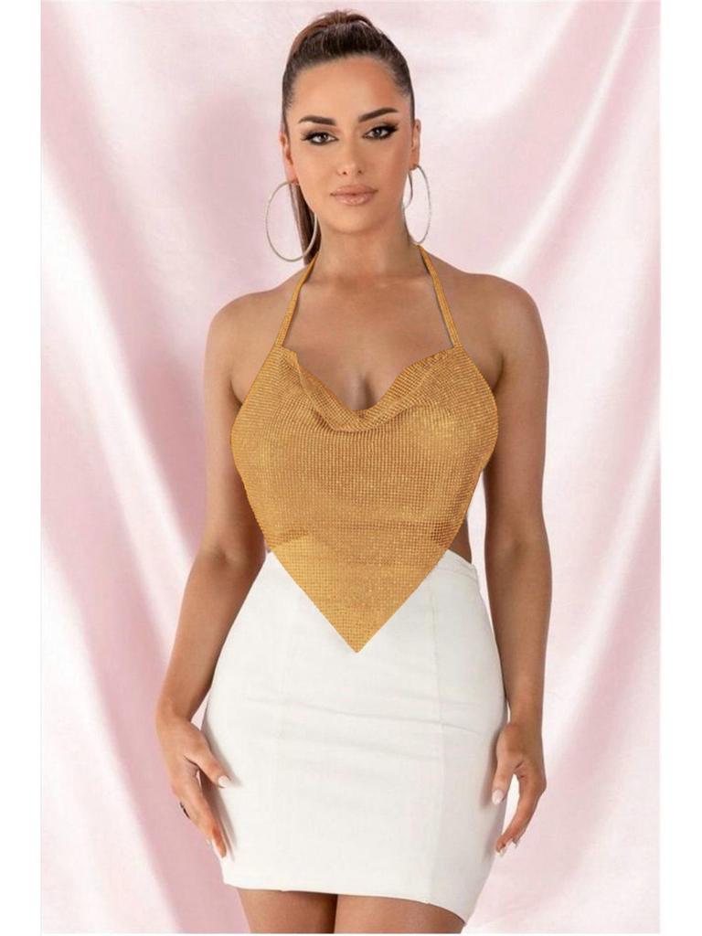 Glamorous Metal Chain Halter Neck Splicing Diamond Vest for Women - European and US Style Nightclub Fashion