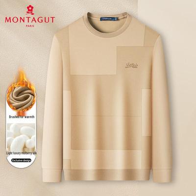 MONTAGUT Men's Brushed Thermal Plaid Patchwork Embroidered Sweatshirt