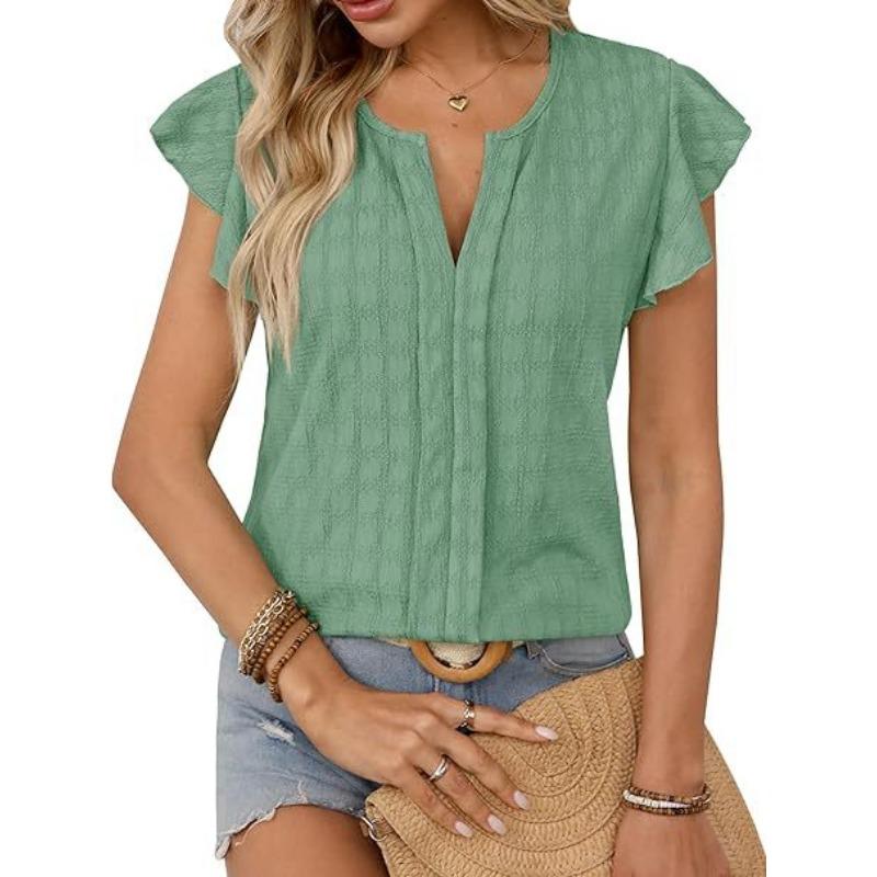 Summer Jacquard Checkered V-neck Top with Ruffle Sleeves Loose Short Sleeved Women's T-shirts
