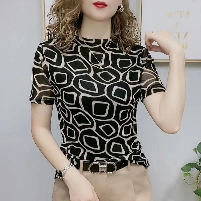 black beige geometric print mock neck short sleeve mesh blouse for women